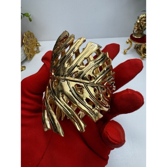 ZARA Gold Leaf Statement Cuff Bracelet Sculptural Openwork Wide Bangle Bold Maxi - Picture 10 of 11